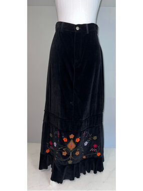WhimsyGoth Black Velvet Maxi Skirt with Floral Embroidery, Size L